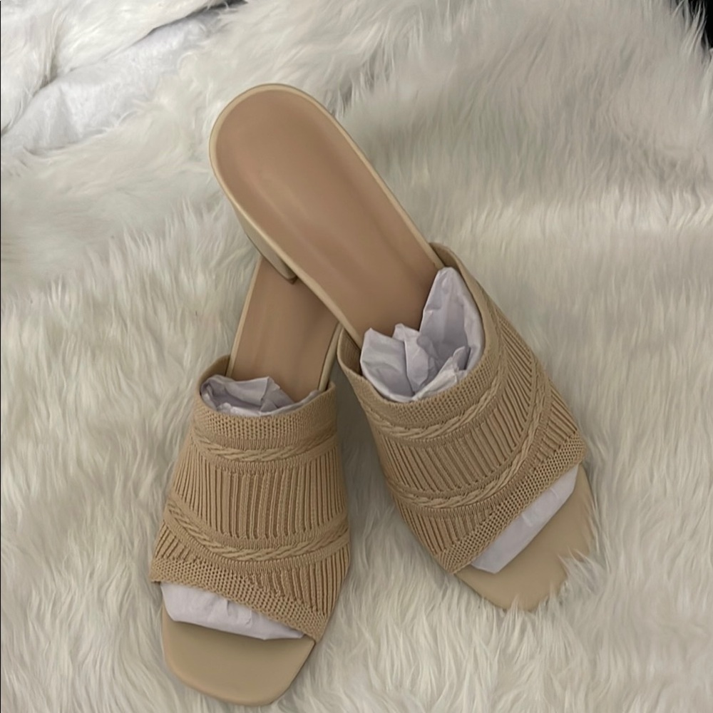 Tan Ribbed Mules with Open-Toe Design
